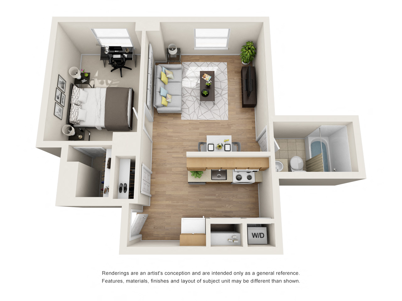 Floor plan for 1 bed, 1 bath, 559 sqft